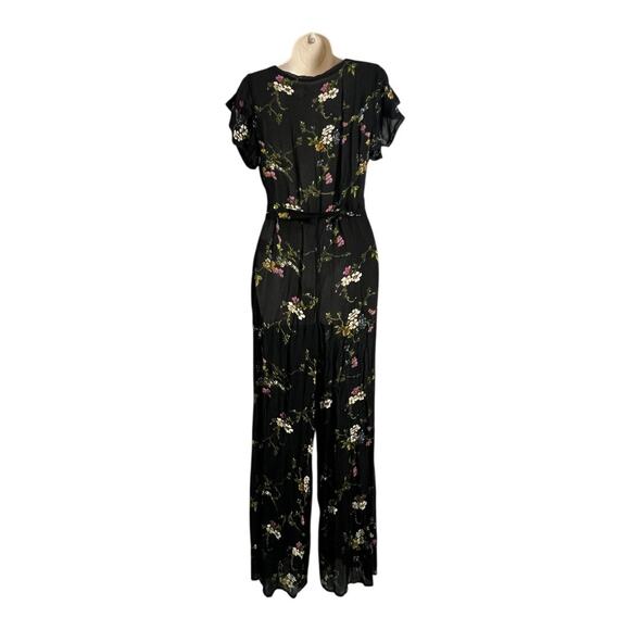 Urban Outfitters Marie Prairie Floral Wrap Jumpsuit Black 4 Boho wide leg Sheer - Picture 7 of 10